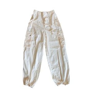 Y2K Cream 100% Cotton Parachute Pants Size S Cargo Baggy Streetwear Oversized